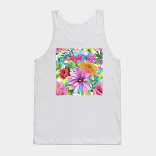 Tropical flowers watercolor print. Hibiscus, Peony, Star Magnolia, Chrysanthemum flowers. Colorful summer jungle Tank Top